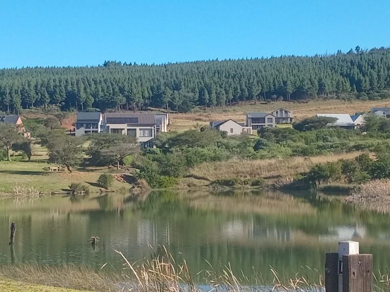 A scenic view of a tranquil lake surrounded by natural landscape and residential properties within a peaceful estate setting.