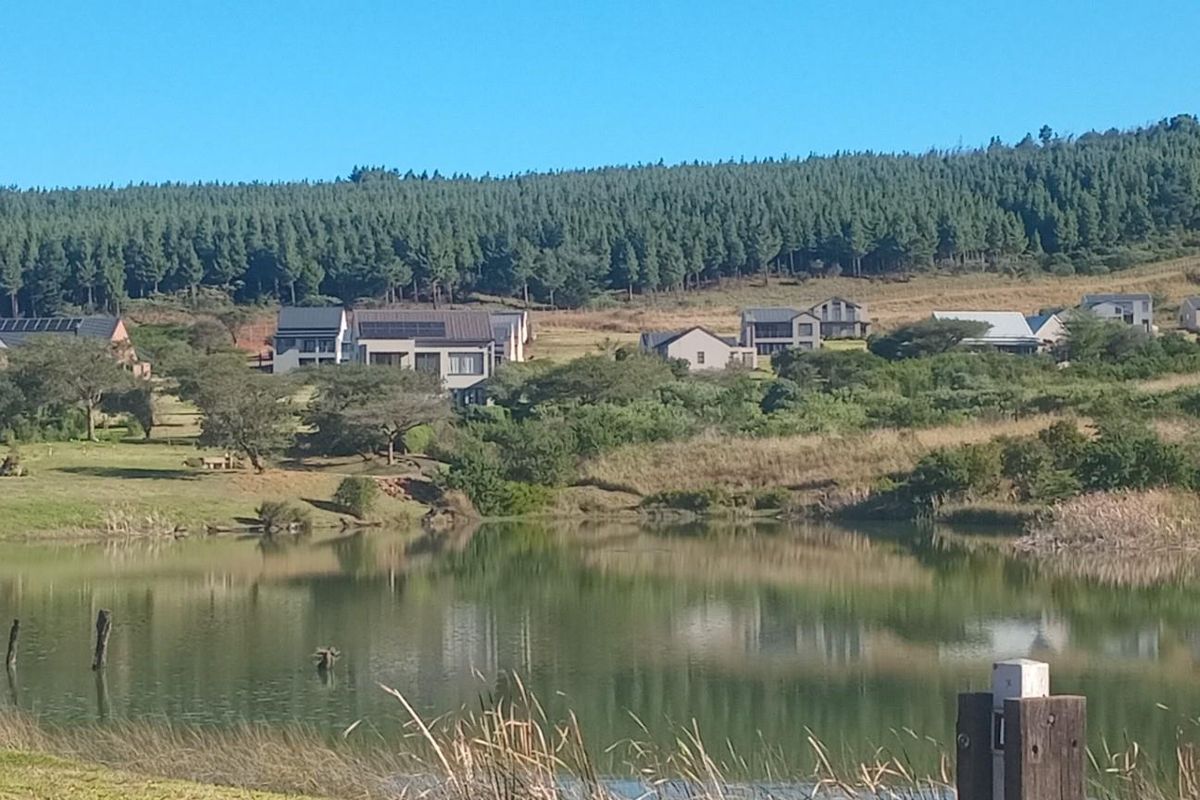 A scenic view of a tranquil lake surrounded by natural landscape and residential properties within a peaceful estate setting.