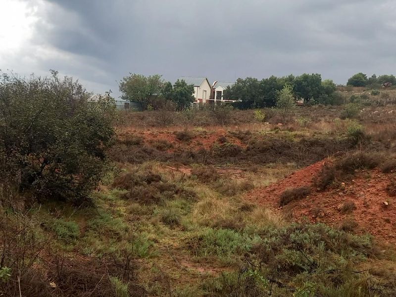 A view of a vacant residential plot featuring natural vegetation, uneven terrain, and surrounding residential properties in the distance.