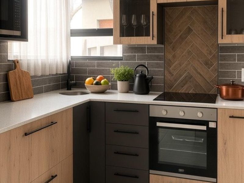 Modern kitchen featuring wood-tone and charcoal cabinetry, herringbone tile backsplash, integrated appliances, and sleek stone countertops.