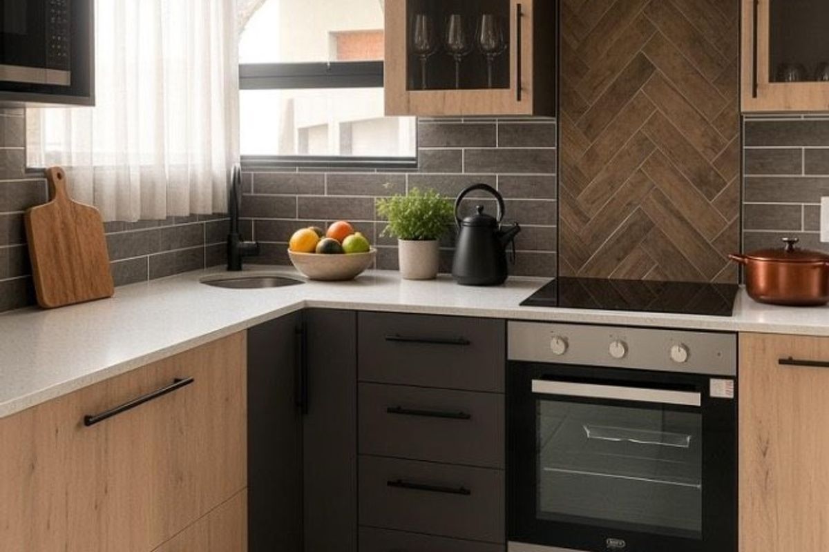 Modern kitchen featuring wood-tone and charcoal cabinetry, herringbone tile backsplash, integrated appliances, and sleek stone countertops.