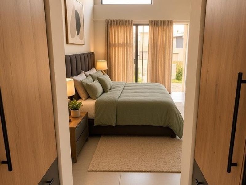 Modern bedroom featuring built-in cupboards, neutral tiled flooring, and a sliding glass door providing access to the exterior.