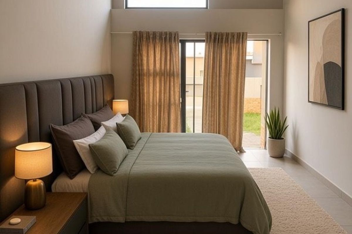 A modern, well-lit bedroom featuring high ceilings, a clerestory window, and direct access to an outdoor area through a sliding glass door.