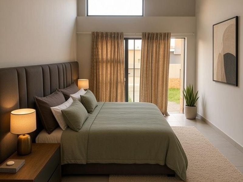 A modern, well-lit bedroom featuring high ceilings, a clerestory window, and direct access to an outdoor area through a sliding glass door.