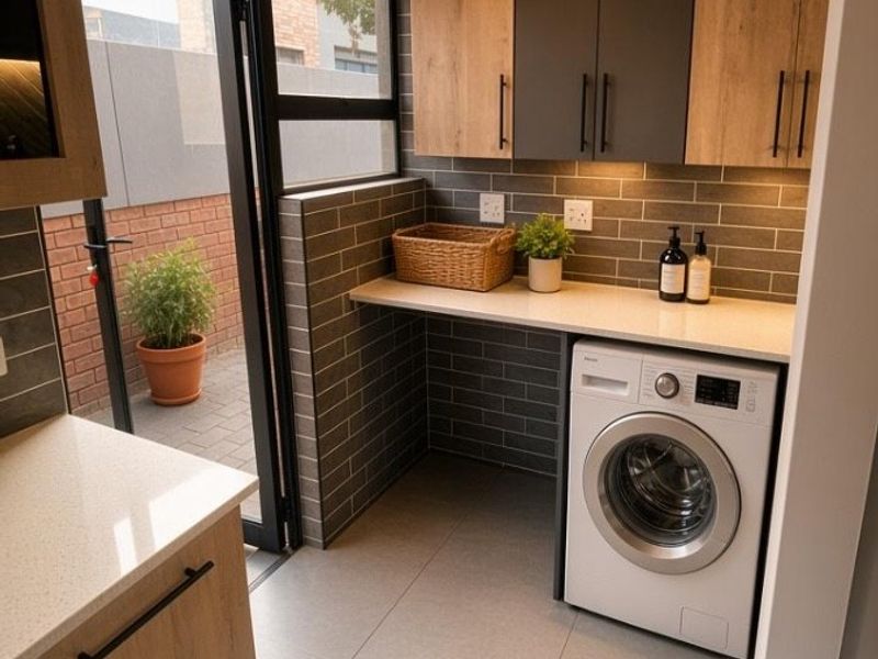 Modern, well-appointed laundry room featuring sleek wood-tone and grey cabinetry, stone countertops, subway tile backsplash, and direct access to an outdoor patio area.