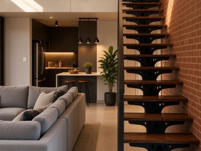 Modern open-plan living area featuring an industrial-style open riser staircase, exposed brick wall, and a sleek kitchen with a central island.