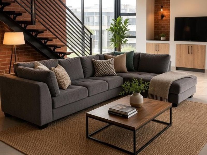 Modern living room featuring an exposed brick wall, industrial-style metal staircase, large windows, and custom built-in cabinetry with tiled flooring.