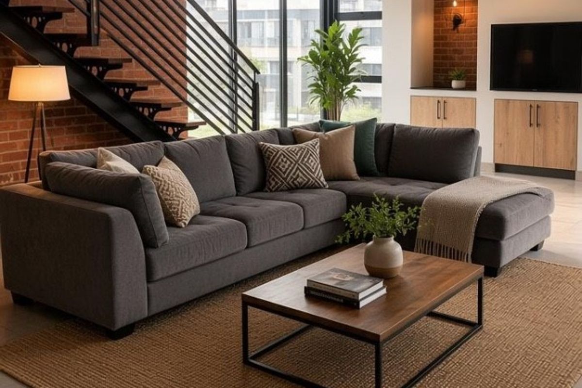 Modern living room featuring an exposed brick wall, industrial-style metal staircase, large windows, and custom built-in cabinetry with tiled flooring.