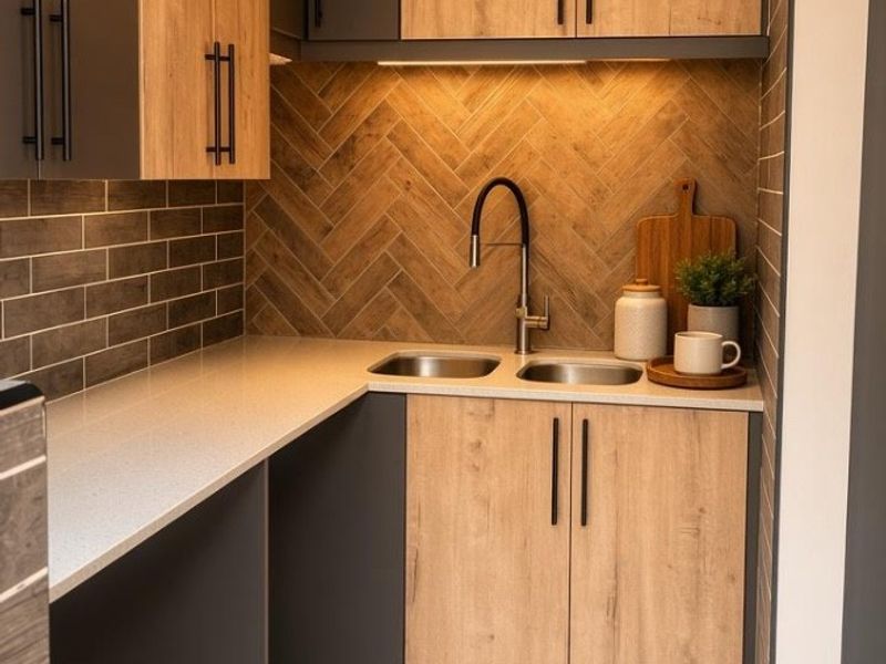 A modern, compact scullery featuring wood-grain cabinetry, stone countertops, a double sink, and stylish herringbone tile splashback with integrated under-cabinet lighting.
