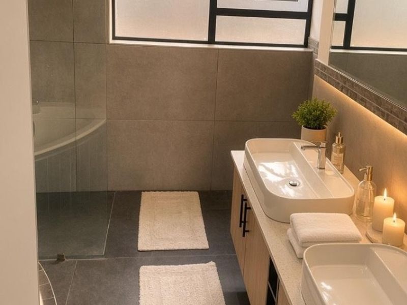 Modern bathroom featuring a double vanity with vessel sinks, a spacious walk-in shower with glass screen, and elegant backlit mirror lighting.