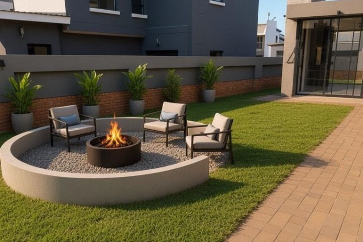 A well-maintained rear garden featuring a modern built-in fire pit, paved walkway, and manicured lawn, set against a contemporary two-story house.