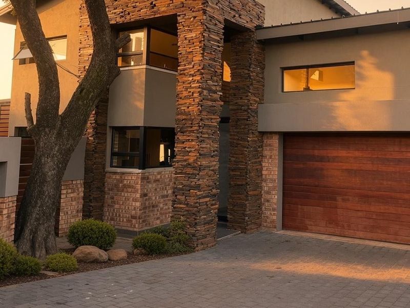 Modern double-storey residence featuring striking stone cladding, a timber garage door, and a neatly paved driveway at the front entrance.