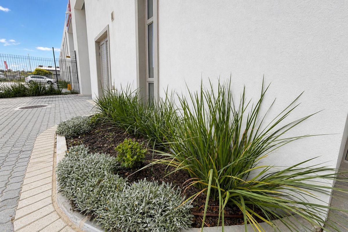 A well-maintained exterior garden bed featuring established landscaping along the side of a modern industrial building with paved driveway access.