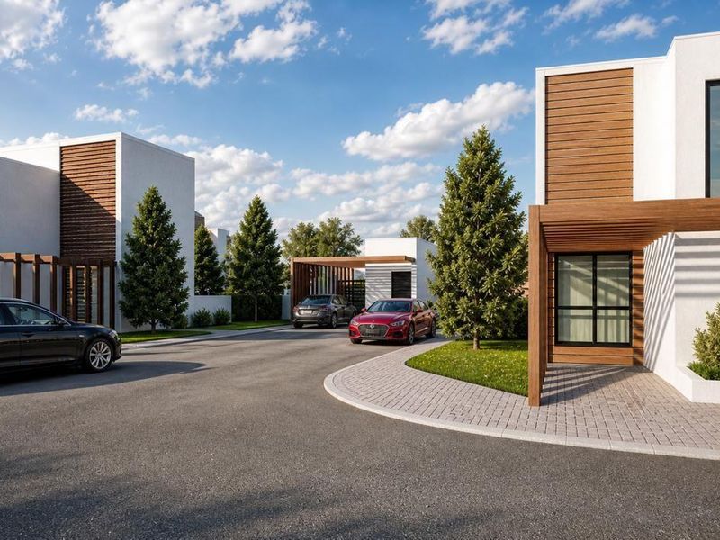 Modern residential complex featuring contemporary architectural design with clean lines, timber cladding accents, and paved driveway access.