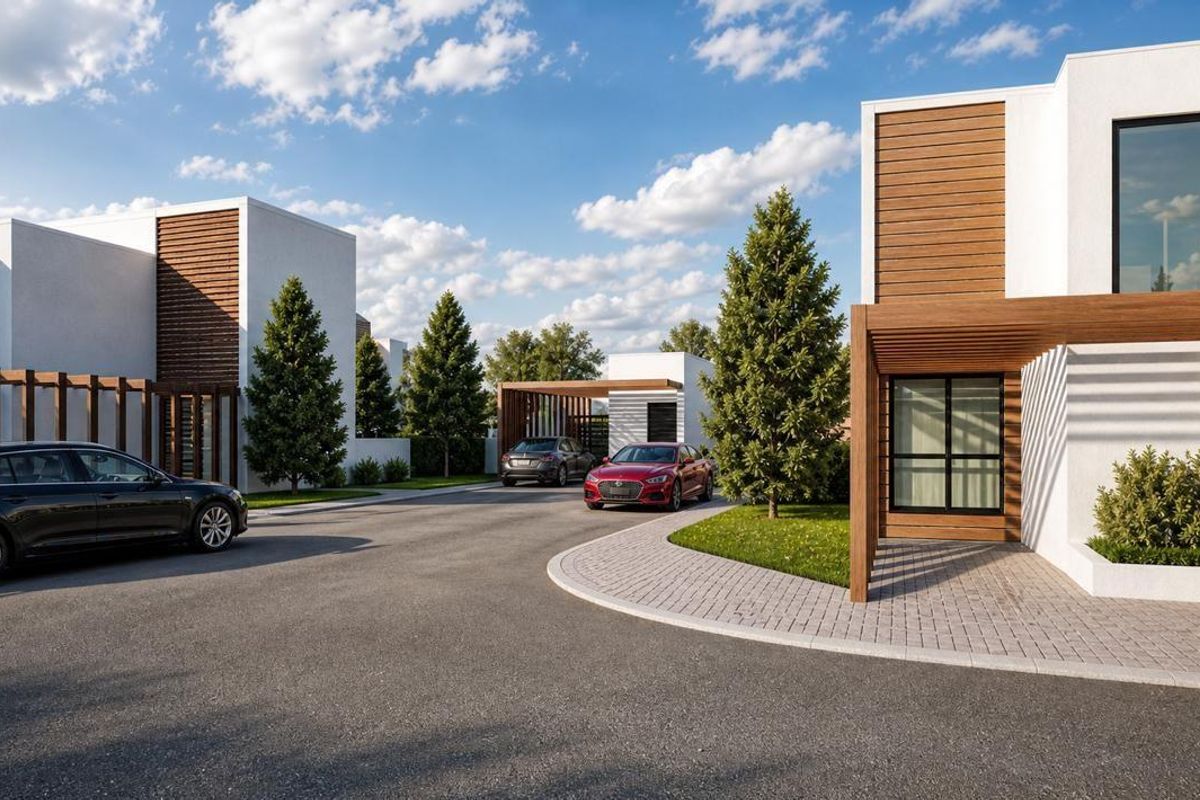 Modern residential complex featuring contemporary architectural design with clean lines, timber cladding accents, and paved driveway access.
