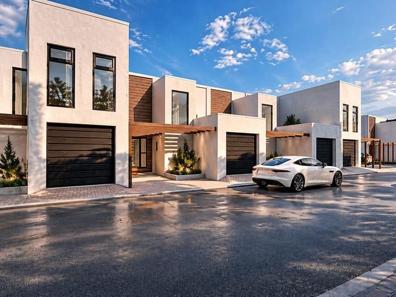 Modern residential townhouse complex featuring contemporary architectural design, clean lines, timber accents, and integrated garage access.
