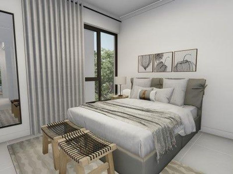A modern, well-lit bedroom featuring large windows, neutral finishes, and a clean, contemporary design aesthetic.