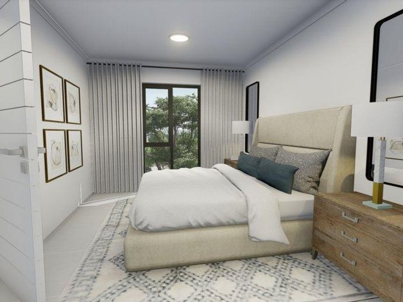 A modern, well-lit bedroom featuring neutral tones, tiled flooring, and large windows with floor-to-ceiling curtains, creating a bright and inviting atmosphere.