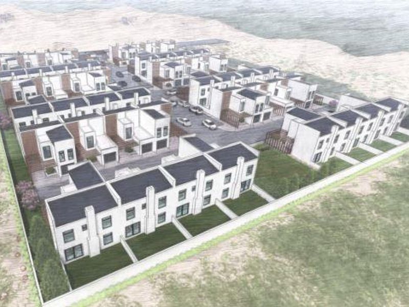 An architectural rendering showing the proposed layout and design of a modern residential housing development.
