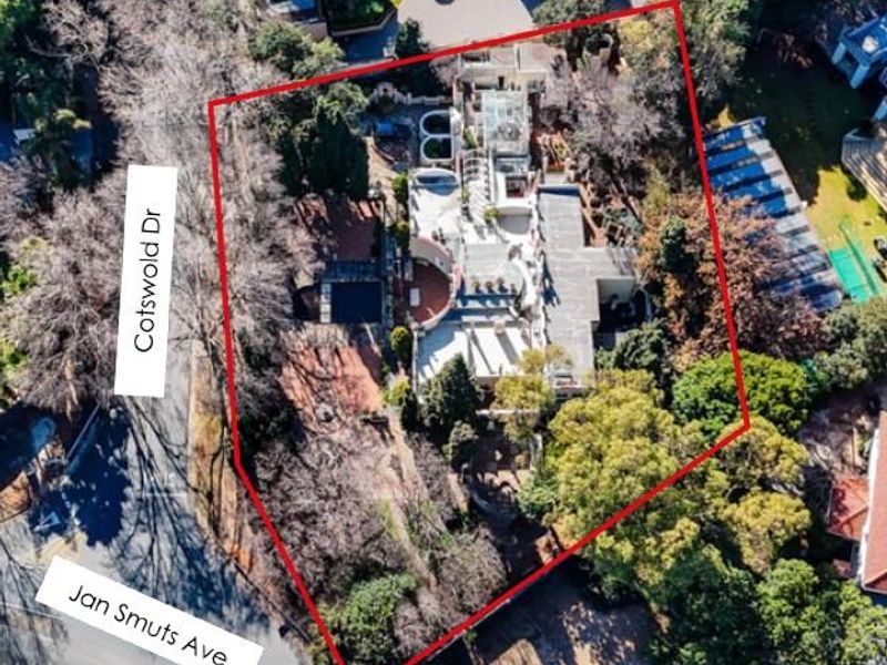 Aerial view of the commercial property showing the building footprint, surrounding landscaped grounds, and street access from Cotswold Drive and Jan Smuts Avenue.