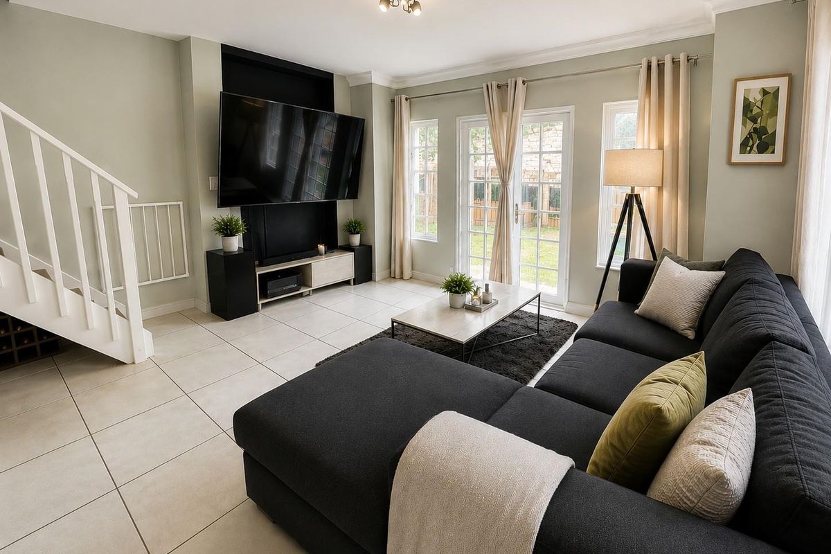 Bright living room featuring tiled flooring, a built-in media wall, and direct access to the garden through glass-paned french doors.