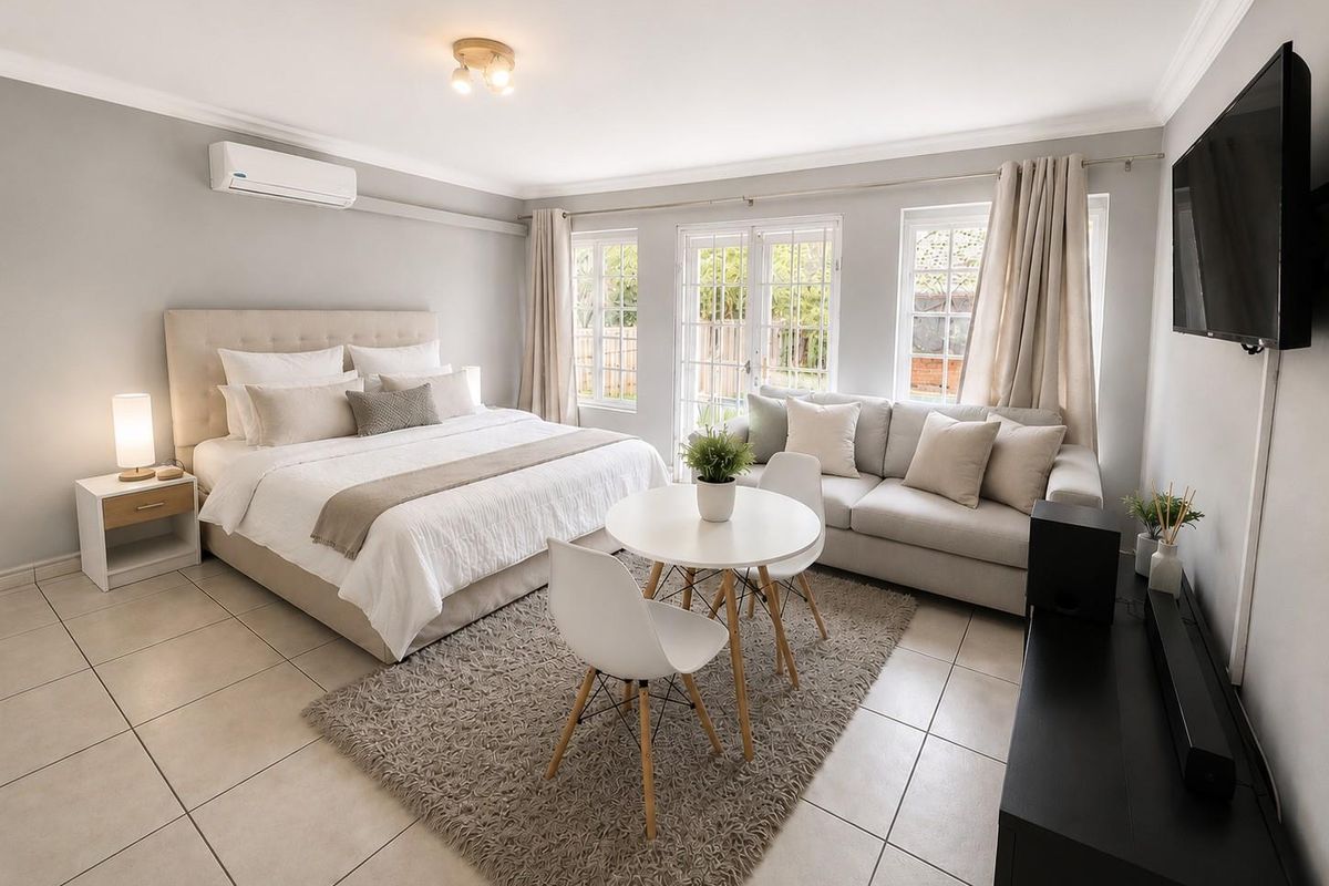Spacious bedroom featuring tiled flooring, split-system air conditioning, and direct access to the garden through glass-paned french doors.