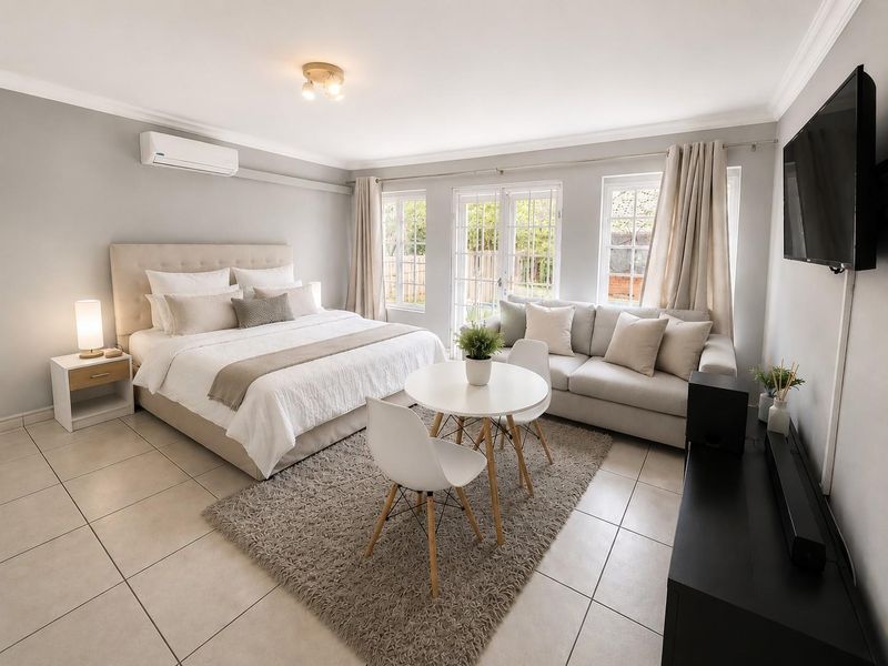 Spacious bedroom featuring tiled flooring, split-system air conditioning, and direct access to the garden through glass-paned french doors.