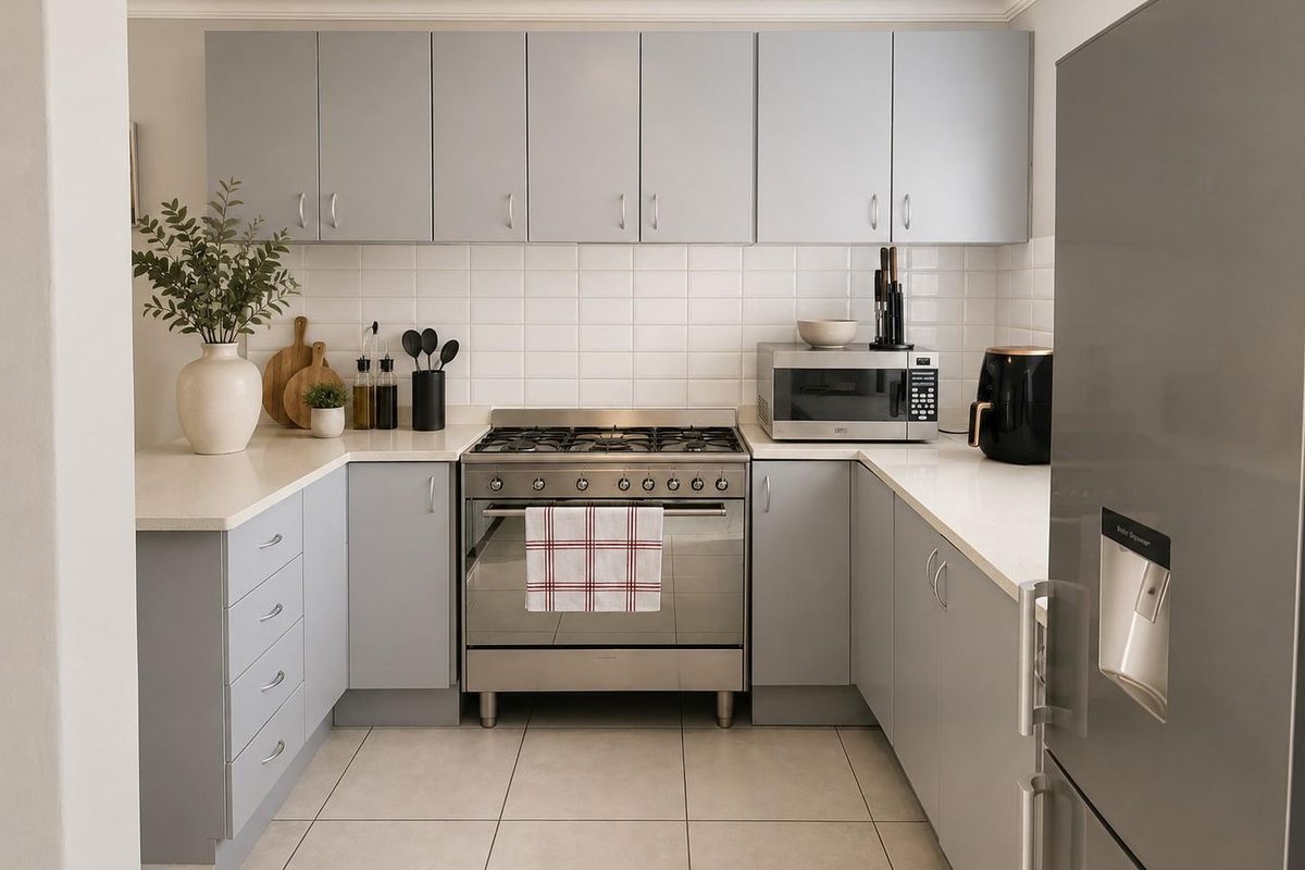Modern kitchen featuring light grey cabinetry, quartz countertops, a gas stove, and a clean tiled backsplash, offering a functional and contemporary cooking space.