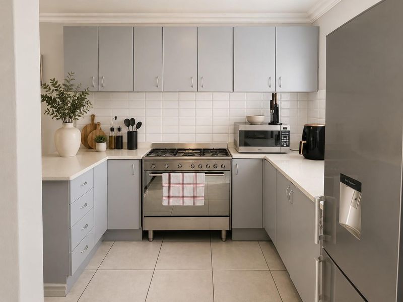 Modern kitchen featuring light grey cabinetry, quartz countertops, a gas stove, and a clean tiled backsplash, offering a functional and contemporary cooking space.