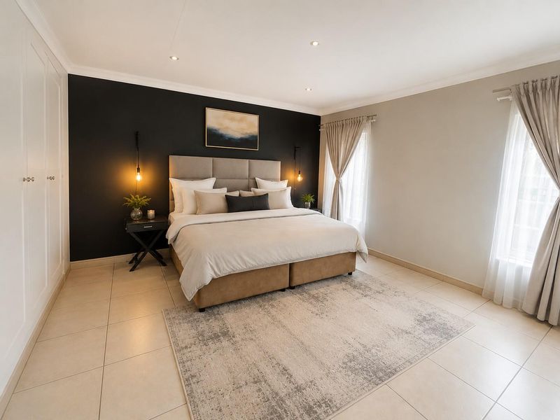 A well-maintained bedroom featuring tiled flooring, recessed downlighting, and ample built-in cupboard storage with a modern accent wall.