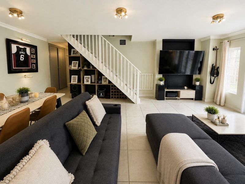 Spacious open-plan living and dining area featuring tiled flooring, a central staircase with built-in storage, and a dedicated media wall.