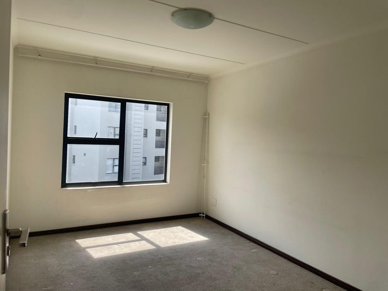 A vacant bedroom featuring neutral carpeting, a large window with dark frames, and a simple ceiling-mounted light fixture.