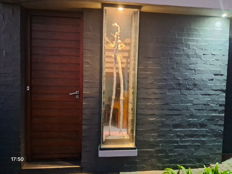 A modern exterior entrance featuring a dark painted brick facade, a solid timber door, and a vertical glass display feature with integrated lighting.