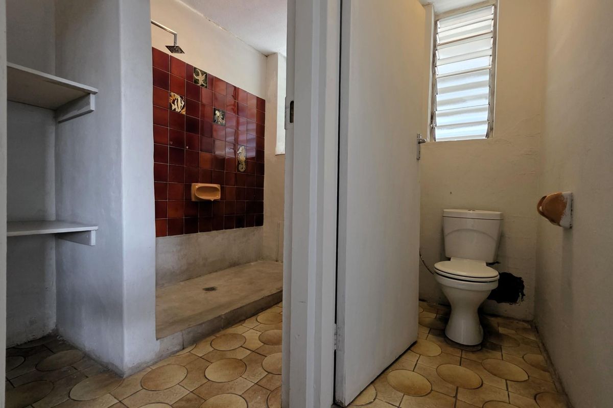 A dated bathroom featuring a walk-in shower with decorative tiles and a separate toilet area with louvered window.
