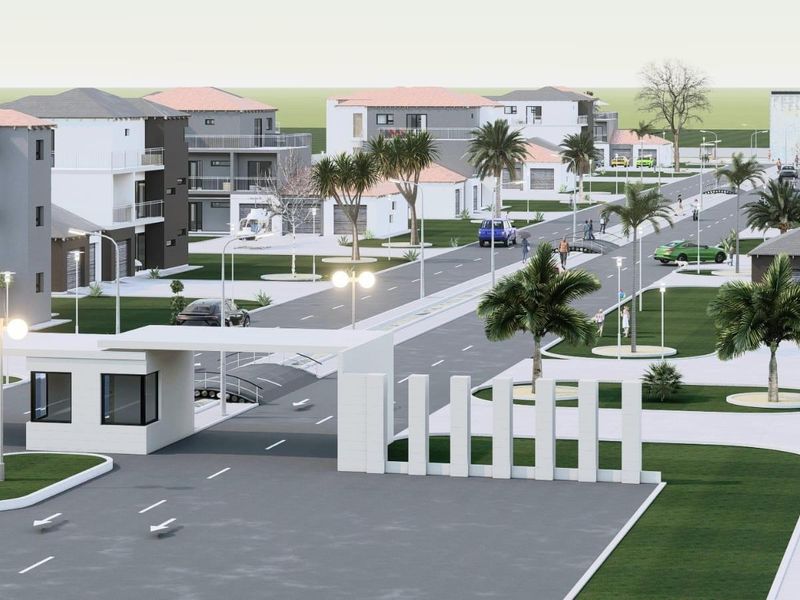 A digital architectural rendering of a modern residential estate entrance and street layout featuring paved roads, landscaped greenery, and contemporary apartment buildings.