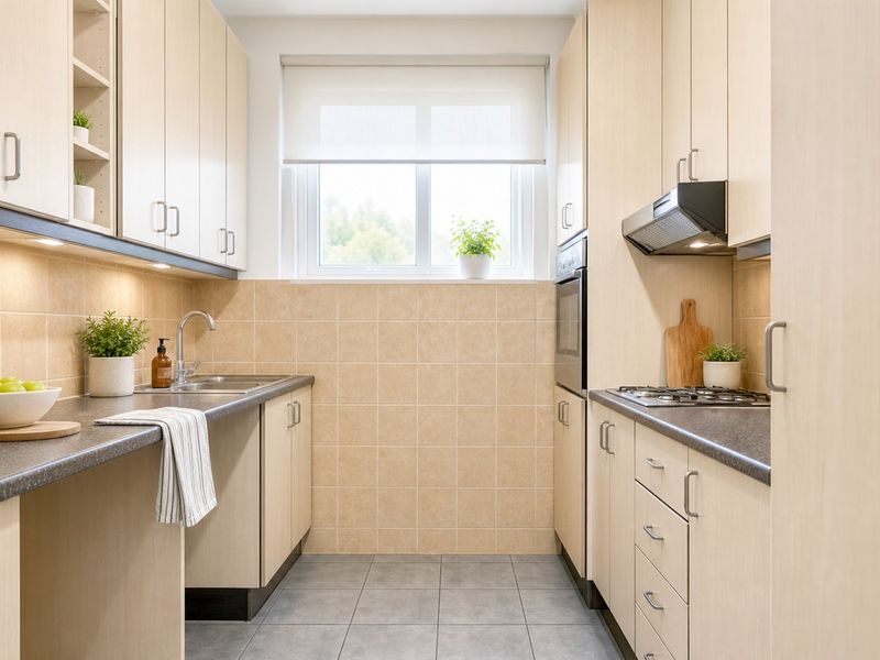 A functional galley-style kitchen featuring light wood-tone cabinetry, dark laminate countertops, tiled backsplash, and integrated appliances including an oven and gas cooktop.