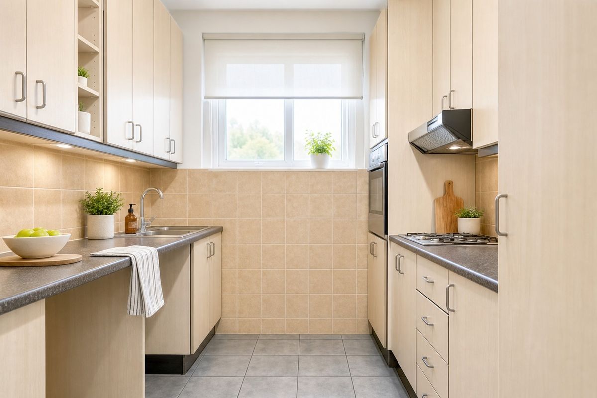 A functional galley-style kitchen featuring light wood-tone cabinetry, dark laminate countertops, tiled backsplash, and integrated appliances including an oven and gas cooktop.