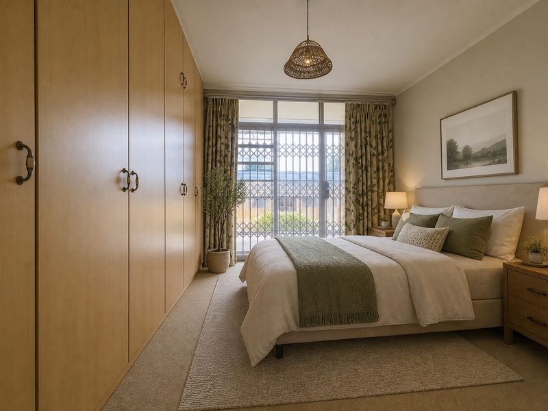 A well-maintained bedroom featuring extensive built-in cupboards, carpeted flooring, and a sliding glass door with a security gate leading to the exterior.