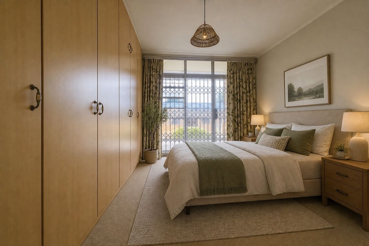 A well-maintained bedroom featuring extensive built-in cupboards, carpeted flooring, and a sliding glass door with a security gate leading to the exterior.