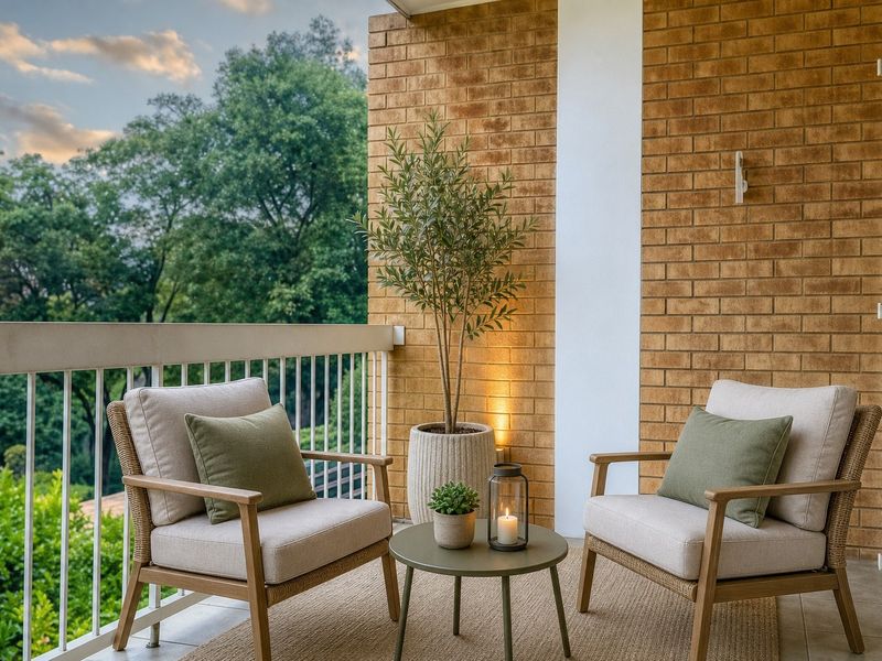 A well-maintained covered balcony featuring exposed brickwork, a secure metal balustrade, and tiled flooring, offering a pleasant outdoor seating area.