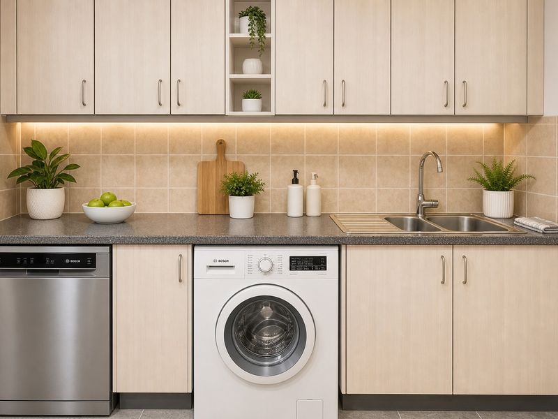 A well-maintained kitchen area featuring light wood-tone cabinetry, tiled backsplash, integrated dishwasher, and a built-in washing machine with modern under-cabinet lighting.