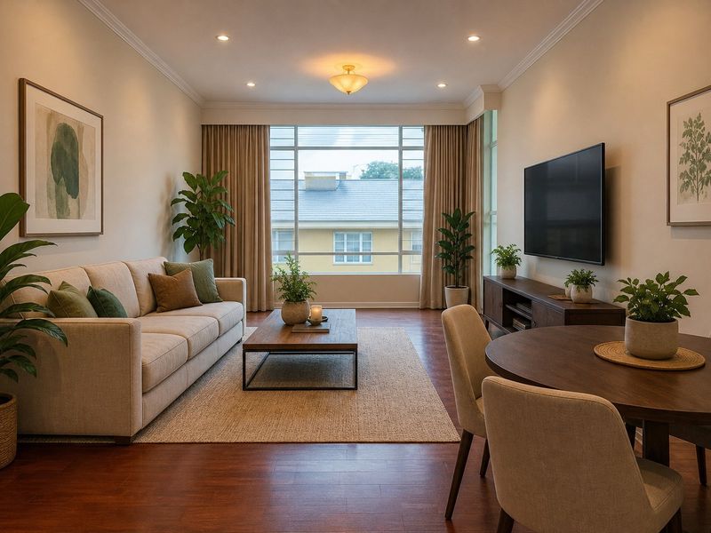 A well-lit open-plan living and dining area featuring hardwood flooring, recessed lighting, and large windows with neutral finishes.