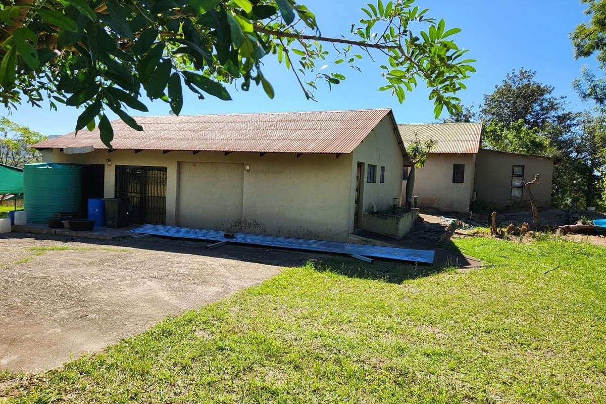 Rear view of the farm property showing the main building structure, corrugated metal roofing, concrete driveway, and an external water storage tank.