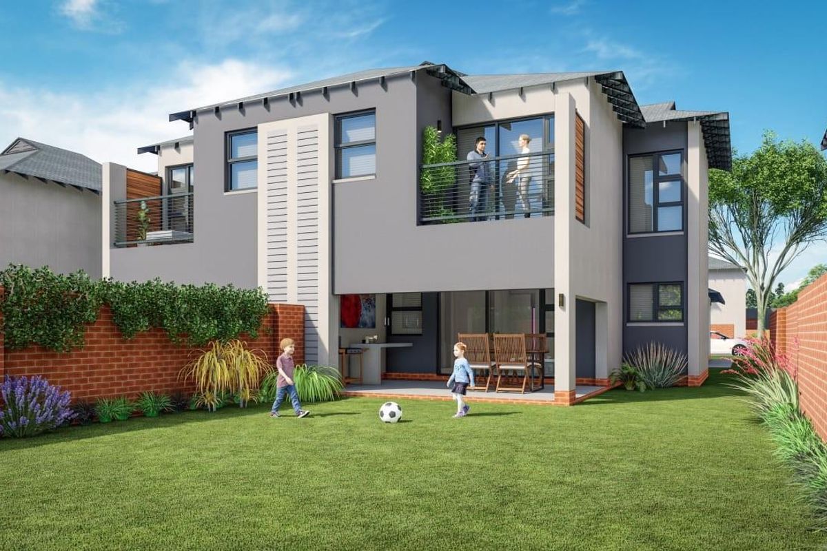 A modern double-story residential home featuring a private rear garden, covered patio, and an upper-level balcony with contemporary architectural finishes.