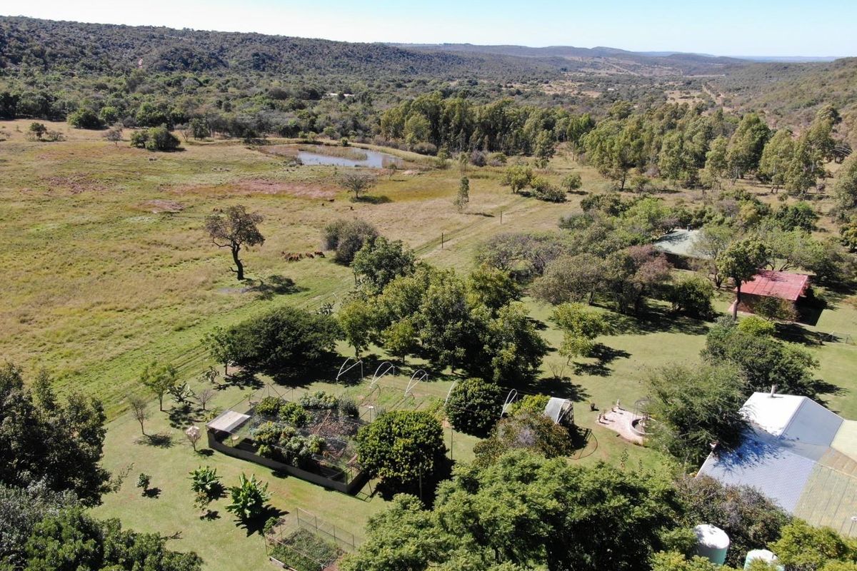 Aerial view of the farm property featuring expansive green fields, mature trees, a small dam, and established garden infrastructure.