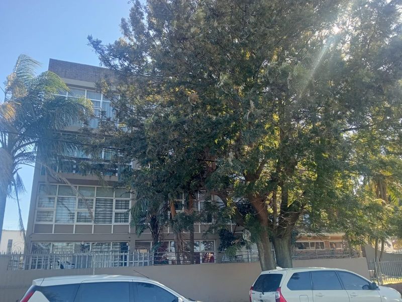 Exterior view of a multi-story apartment building featuring large windows and mature trees in the foreground.