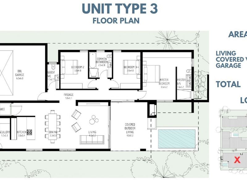 Architectural floor plan for Unit Type 3, detailing the layout of the garage, living areas, bedrooms, and outdoor spaces.
