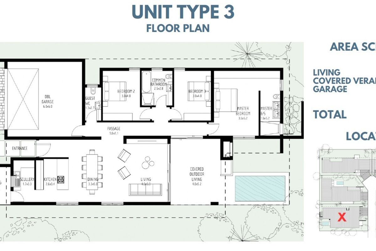 Architectural floor plan for Unit Type 3, detailing the layout of the garage, living areas, bedrooms, and outdoor spaces.