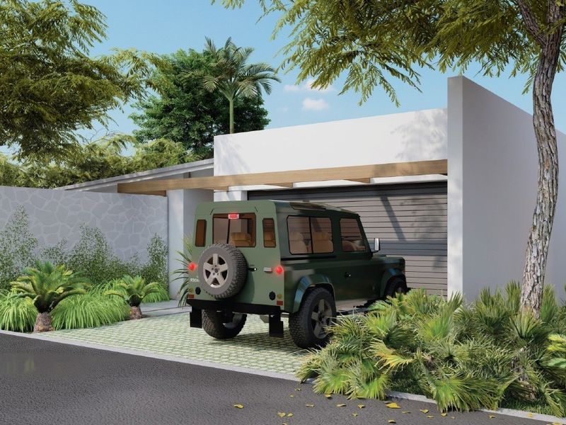 Modern front elevation featuring a clean white facade, timber pergola detail, stone feature wall, and a paved driveway leading to a garage.