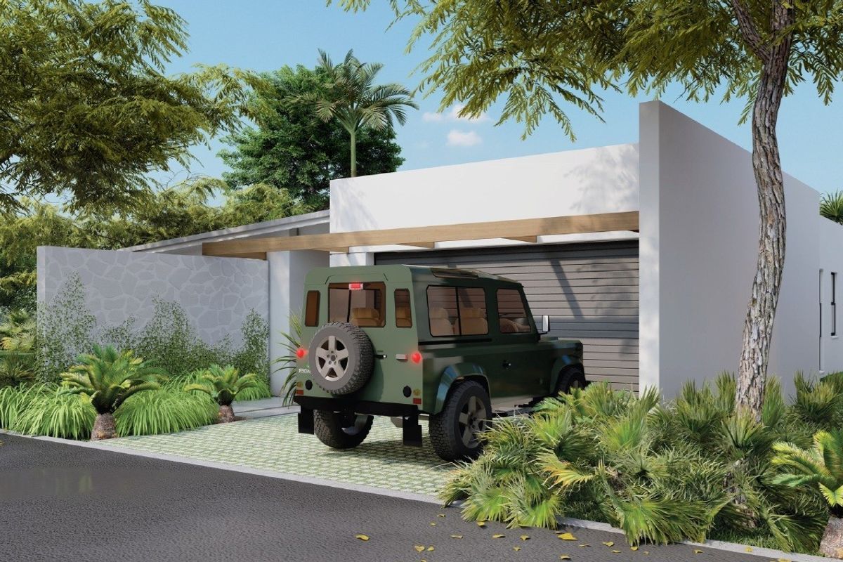 Modern front elevation featuring a clean white facade, timber pergola detail, stone feature wall, and a paved driveway leading to a garage.
